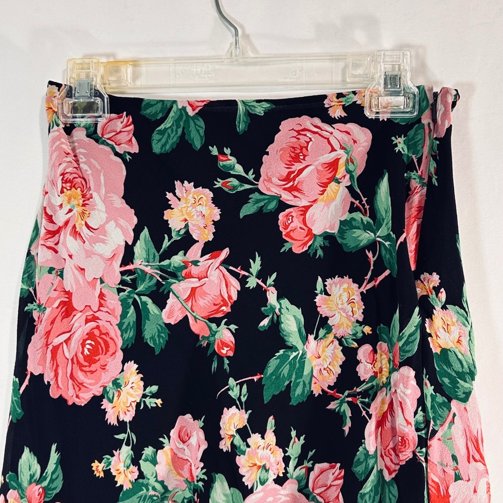 Lauren Ralph Lauren Petite Silk Floral Tiered Ruffle Skirt Black Pink Rose 4P - Picture 2 of 7